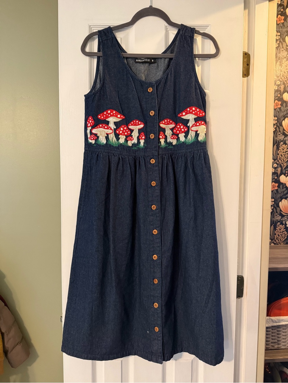 Modcloth Navy Denim Midi Dress with Red Mushroom Embroidery
